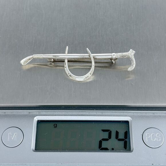 Vintage Sterling Silver 925 Riding Crop Cane Horseshoe Pin Brooch - Picture 3 of 8